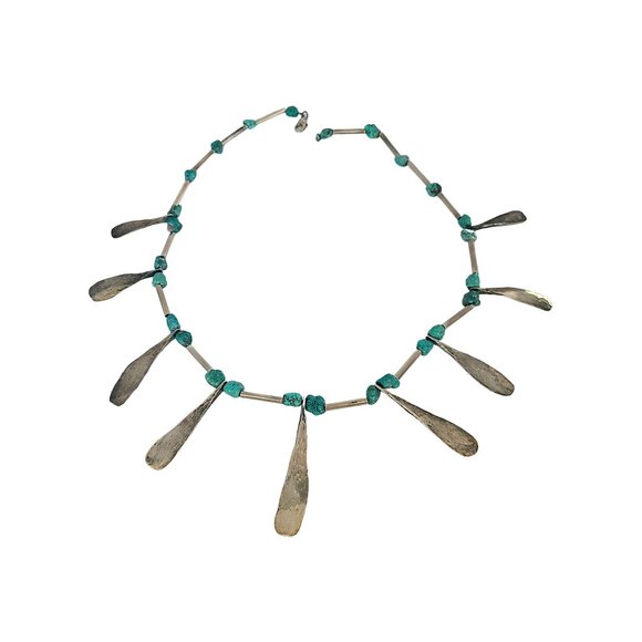Sterling Silver Turquoise Bead Hammered Dangle Necklace #11698 - Picture 1 of 7